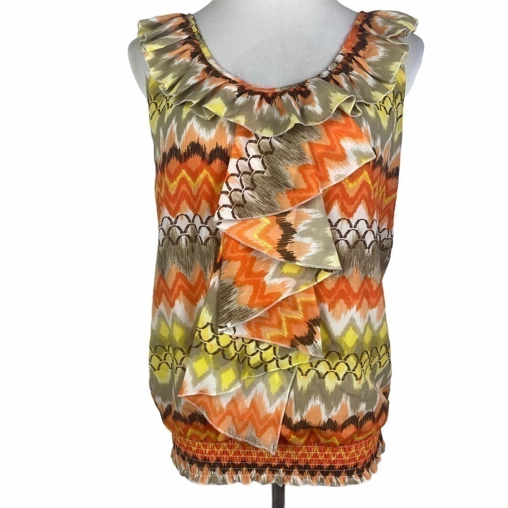 Cato Ruffled Sleeveless Shirred Hem Blouse Women's Medium‎ Multi-Color Abstract